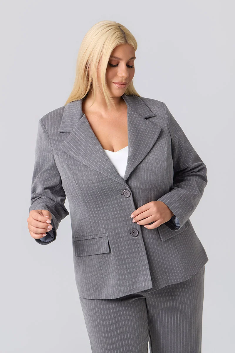 Plus Size Σακάκι Με Φόδρα Γκρι Ριγέ 