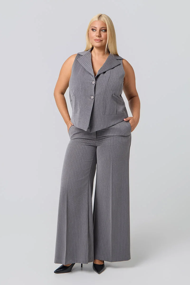 Plus Size Γιλέκο Κοστουμιού Γκρι Ριγέ 