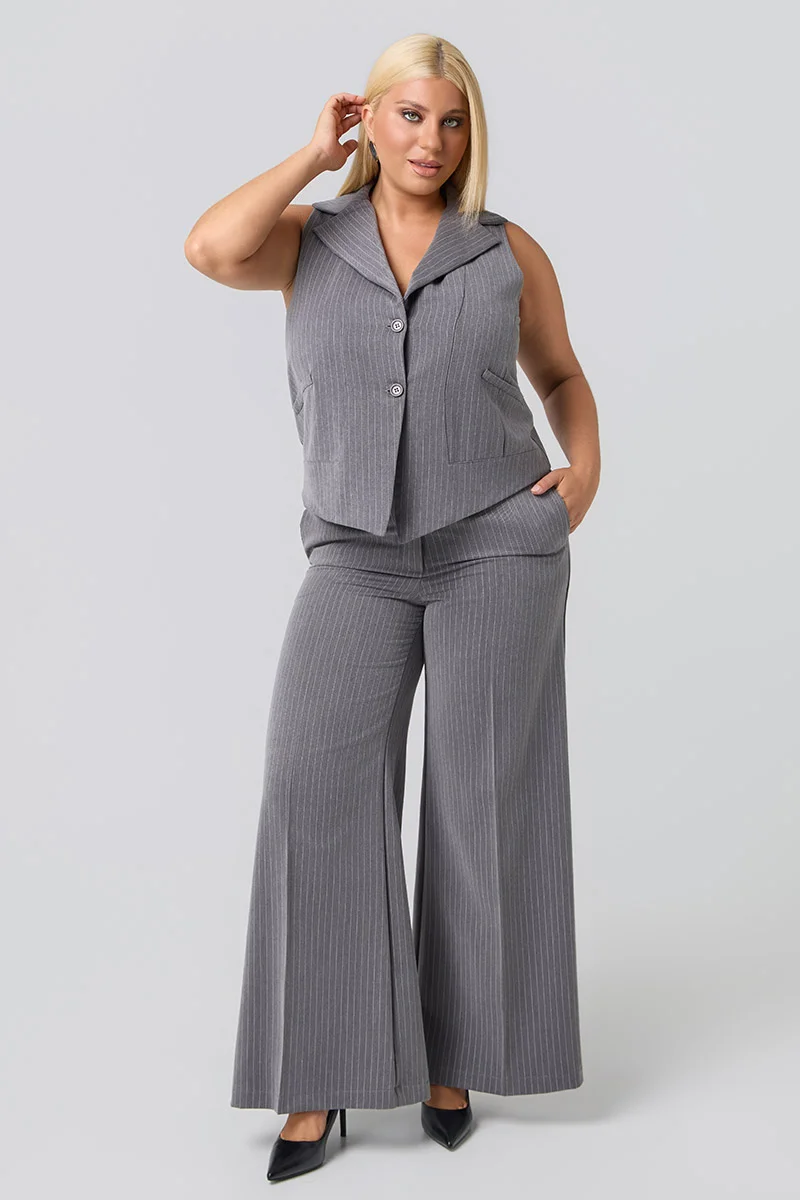 Plus Size Γιλέκο Κοστουμιού Γκρι Ριγέ 