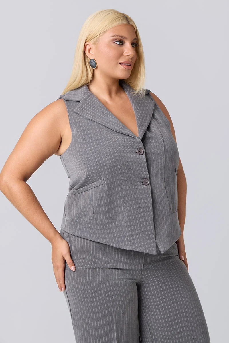 Plus Size Γιλέκο Κοστουμιού Γκρι Ριγέ 