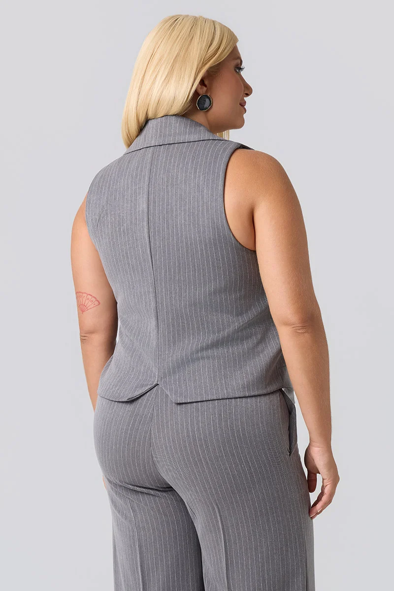 Plus Size Γιλέκο Κοστουμιού Γκρι Ριγέ 