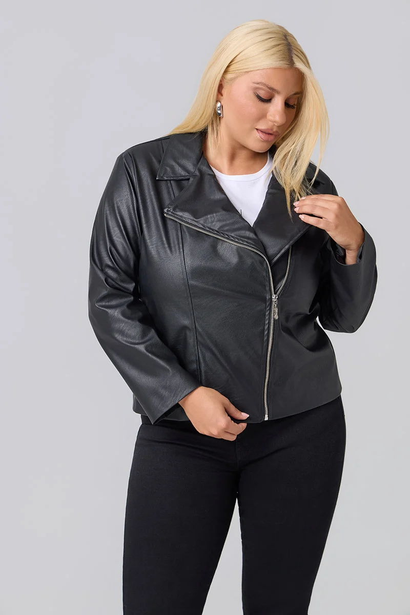 Plus Size Τζάκετ Δερματίνη Με Φόδρα Μαύρο