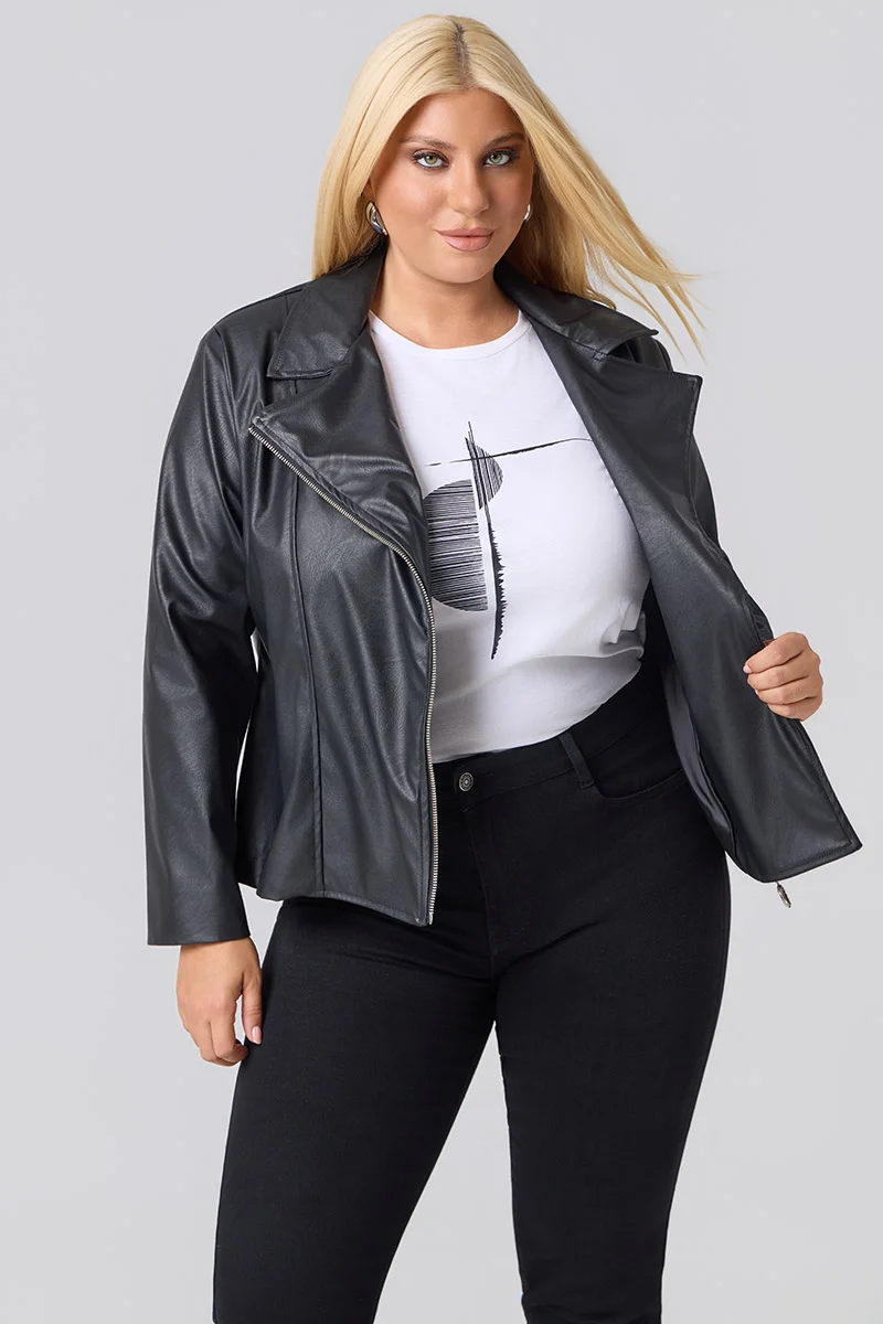 Plus Size Τζάκετ Δερματίνη Με Φόδρα Μαύρο
