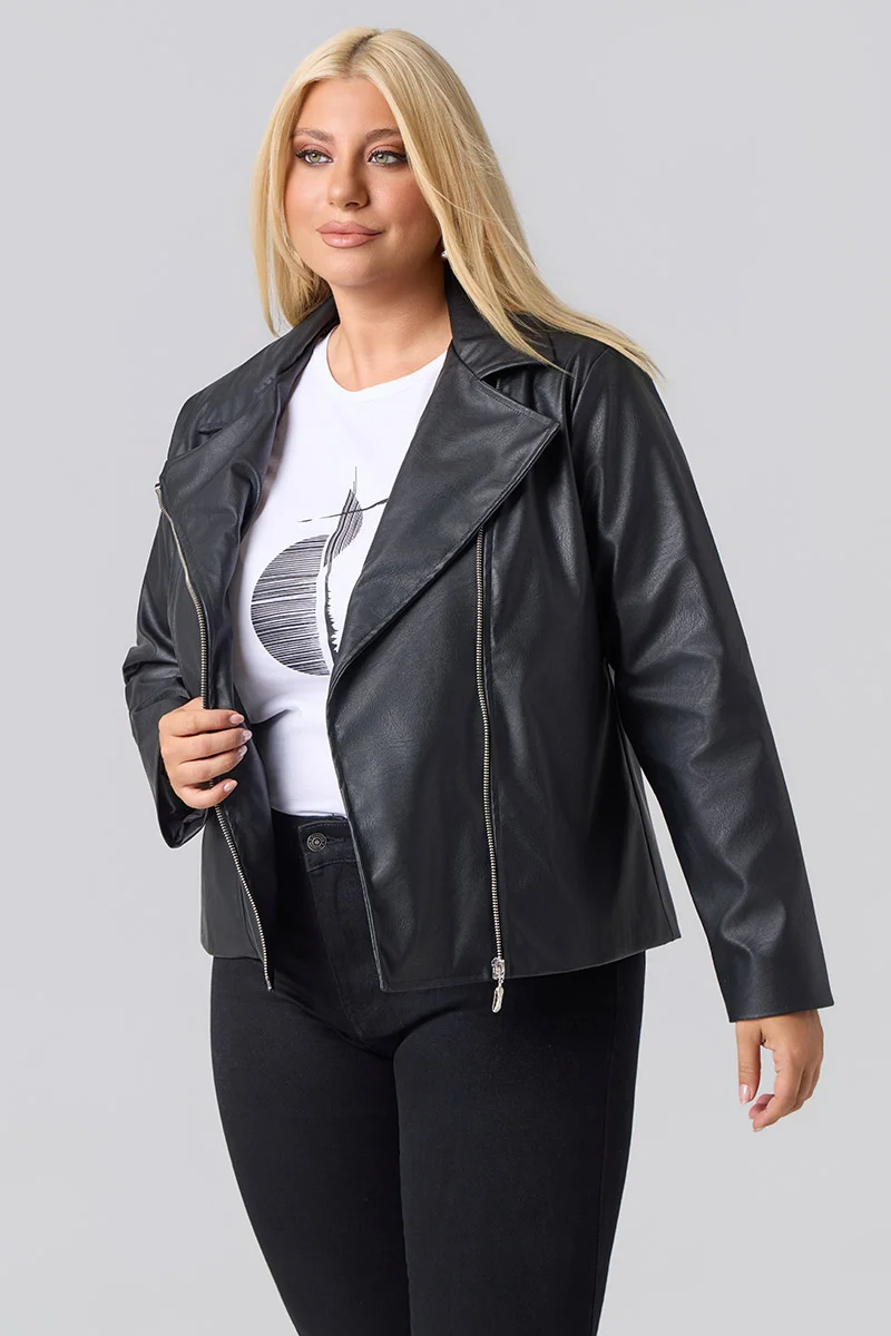 Plus Size Τζάκετ Δερματίνη Με Φόδρα Μαύρο