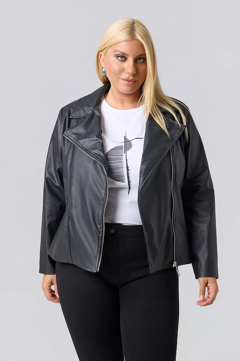 Plus Size Τζάκετ Δερματίνη Με Φόδρα Μαύρο