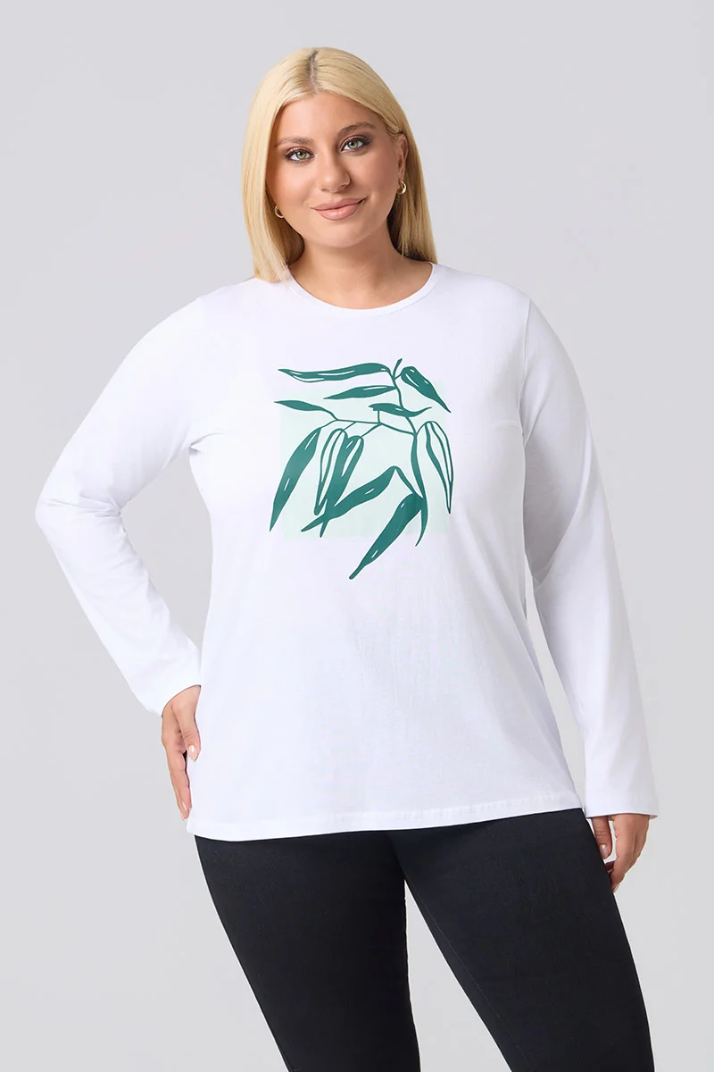 Μακρυμάνικο T-Shirt Λευκό Με Πράσινη Στάμπα