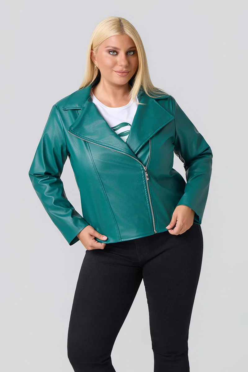 Plus Size Τζάκετ Δερματίνη Με Φόδρα Πράσινο 