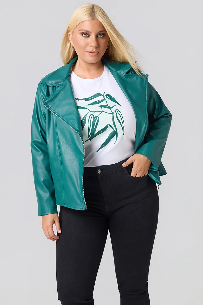 Plus Size Τζάκετ Δερματίνη Με Φόδρα Πράσινο 