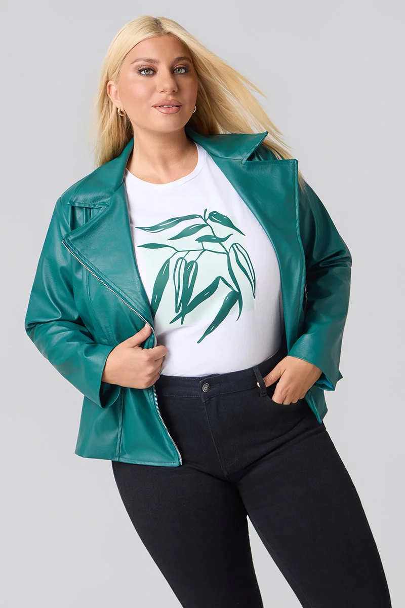 Plus Size Τζάκετ Δερματίνη Με Φόδρα Πράσινο 