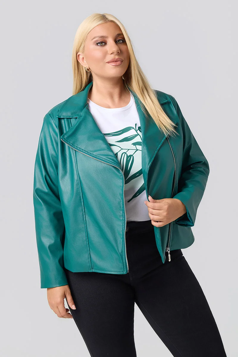 Plus Size Τζάκετ Δερματίνη Με Φόδρα Πράσινο 