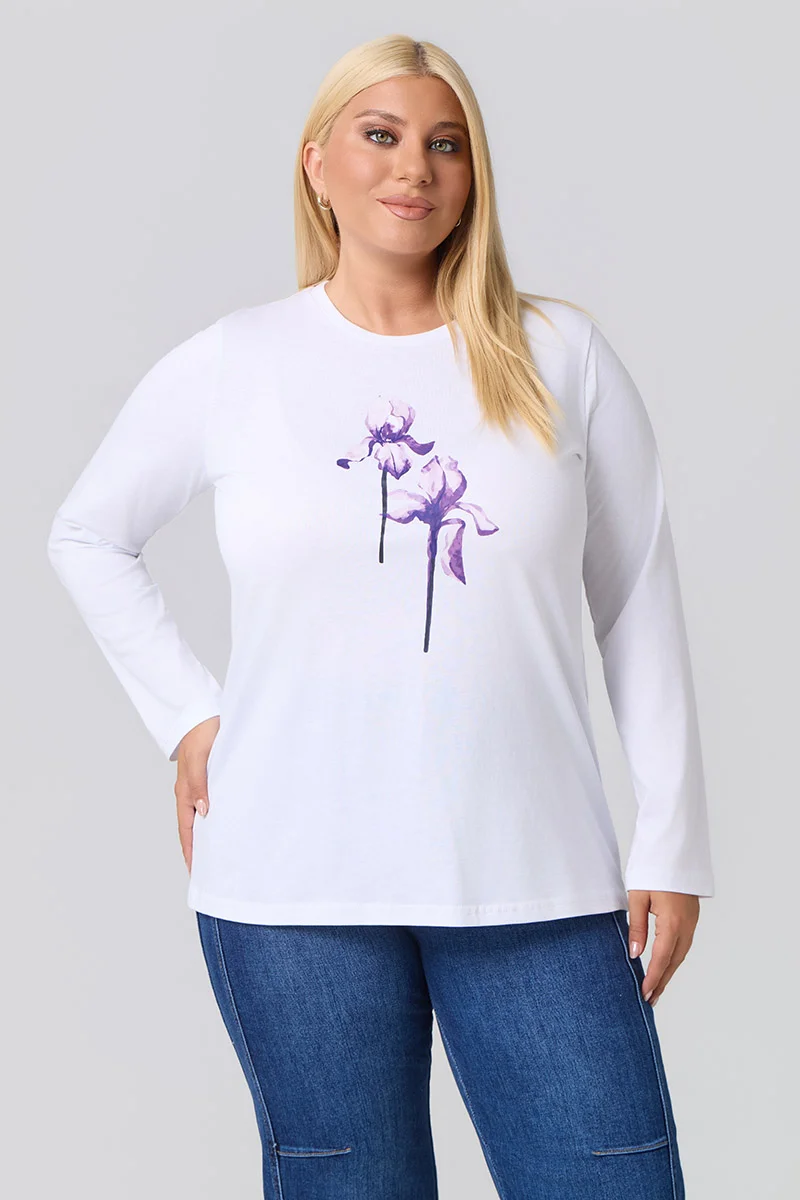 Μακρυμάνικο T-Shirt Λευκό Με Λιλά Στάμπα
