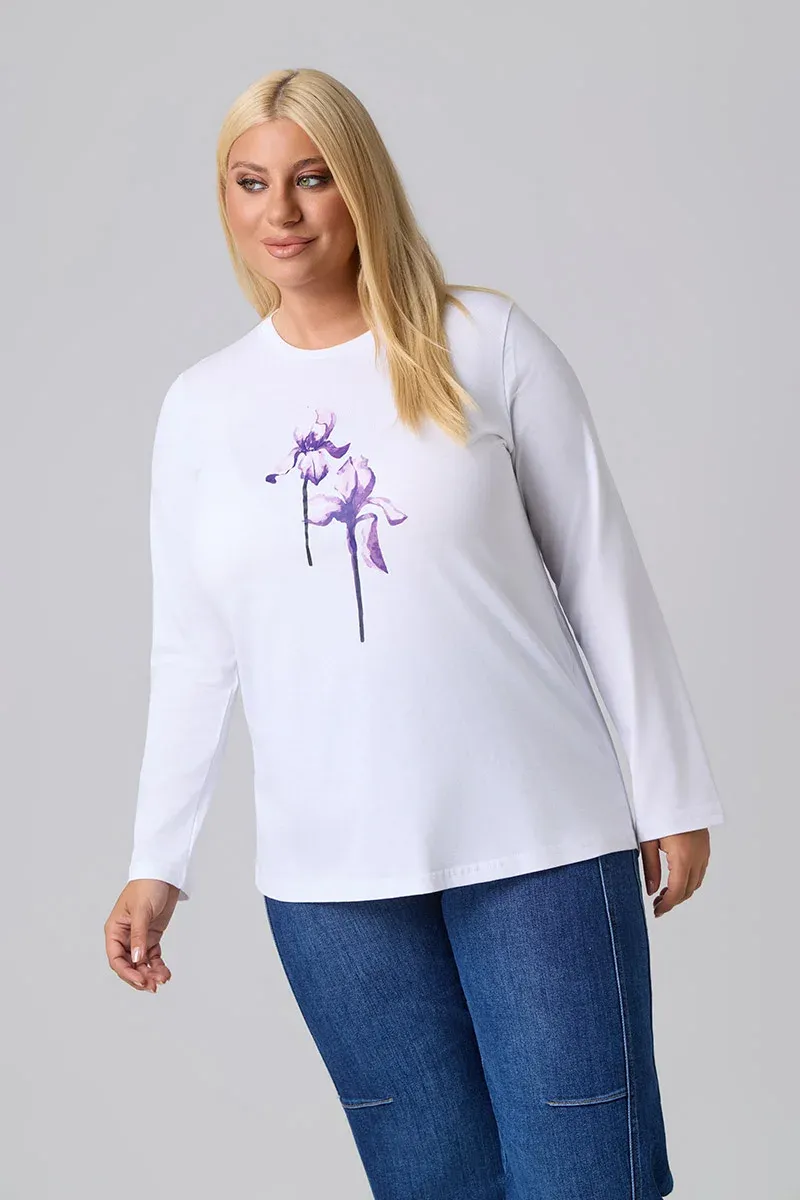 Μακρυμάνικο T-Shirt Λευκό Με Λιλά Στάμπα