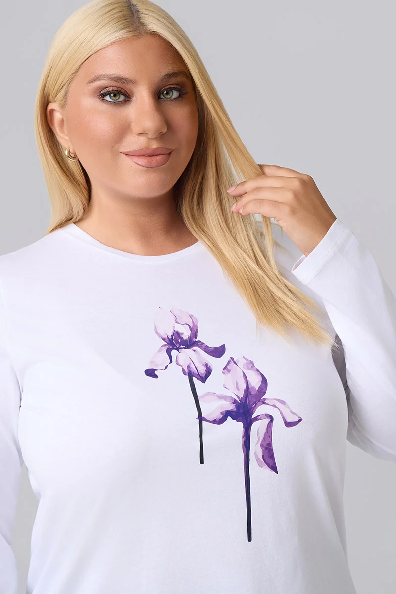 Μακρυμάνικο T-Shirt Λευκό Με Λιλά Στάμπα
