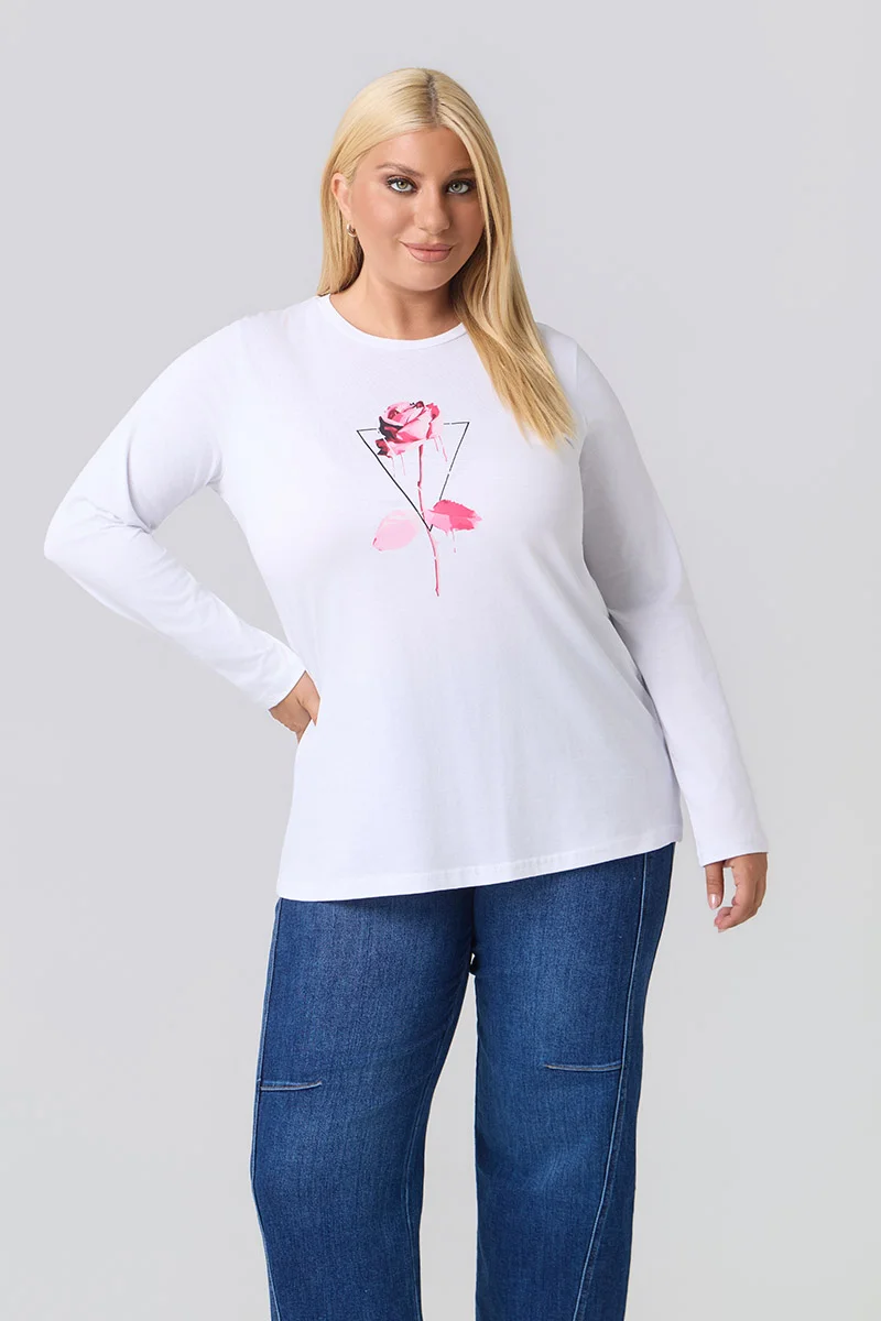 Μακρυμάνικο T-Shirt Λευκό Με Φούξια Στάμπα