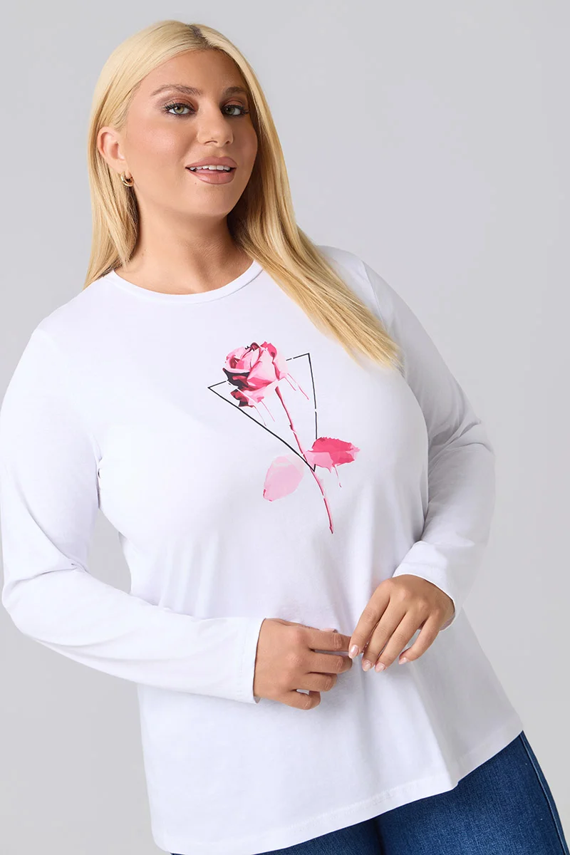 Μακρυμάνικο T-Shirt Λευκό Με Φούξια Στάμπα