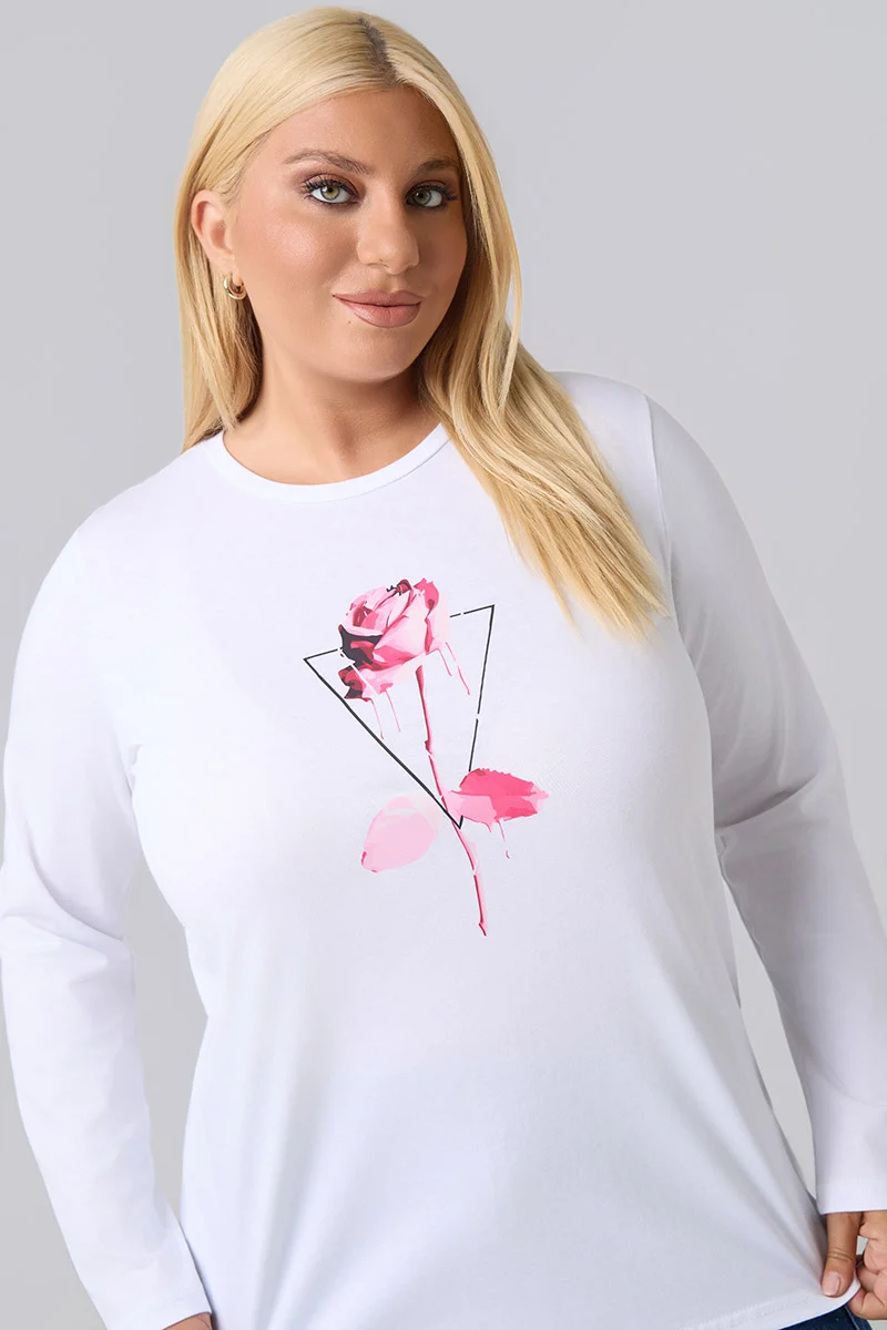 Μακρυμάνικο T-Shirt Λευκό Με Φούξια Στάμπα