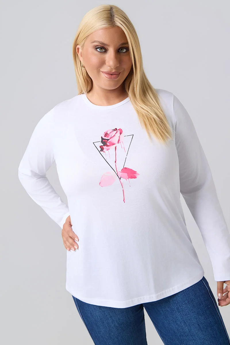 Μακρυμάνικο T-Shirt Λευκό Με Φούξια Στάμπα