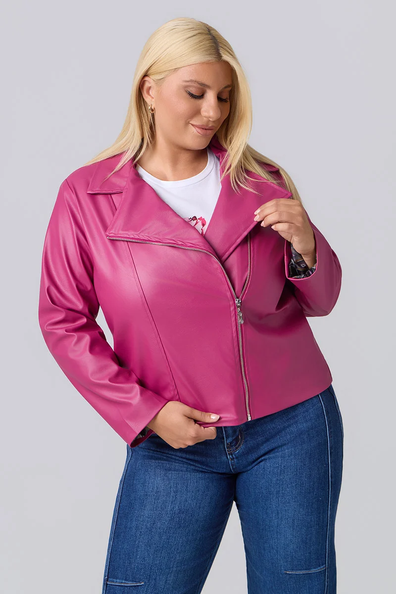 Plus Size Τζάκετ Δερματίνη Με Φόδρα Φούξια