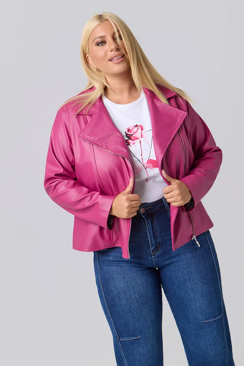 Plus Size Τζάκετ Δερματίνη Με Φόδρα Φούξια