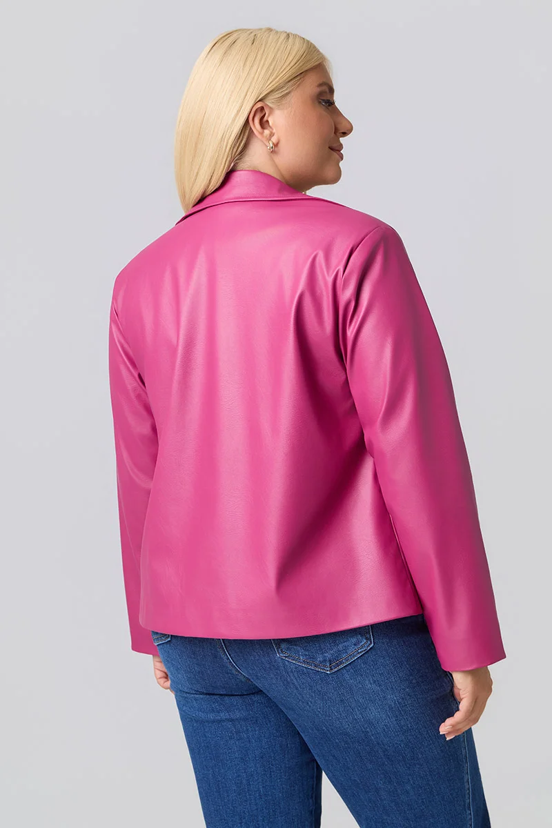 Plus Size Τζάκετ Δερματίνη Με Φόδρα Φούξια