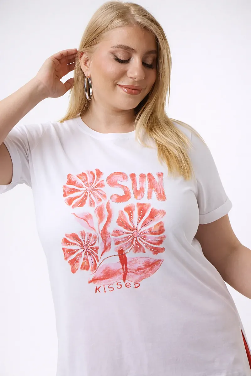 Λευκό T-Shirt Με Κοραλί Στάμπα Και Στράς