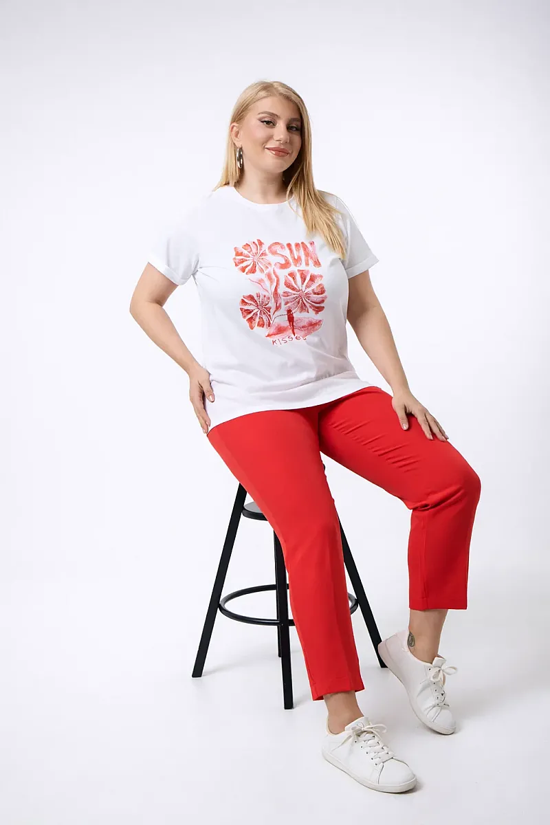 Λευκό T-Shirt Με Κοραλί Στάμπα Και Στράς