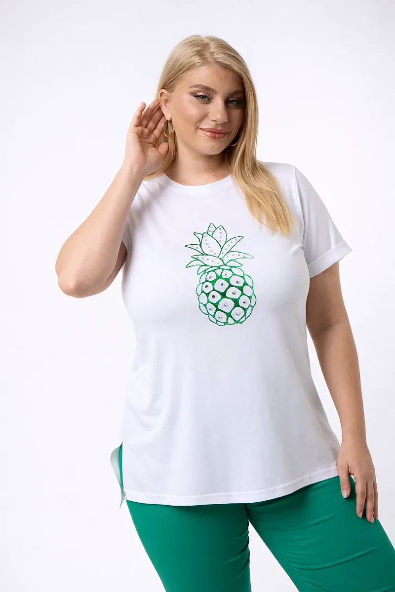 Λευκό T-Shirt Με Πράσινη Στάμπα Και Στράς