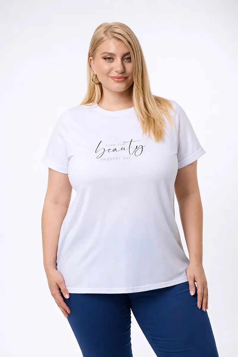 Λευκό T-Shirt Με Μπλε Στάμπα Και Στράς