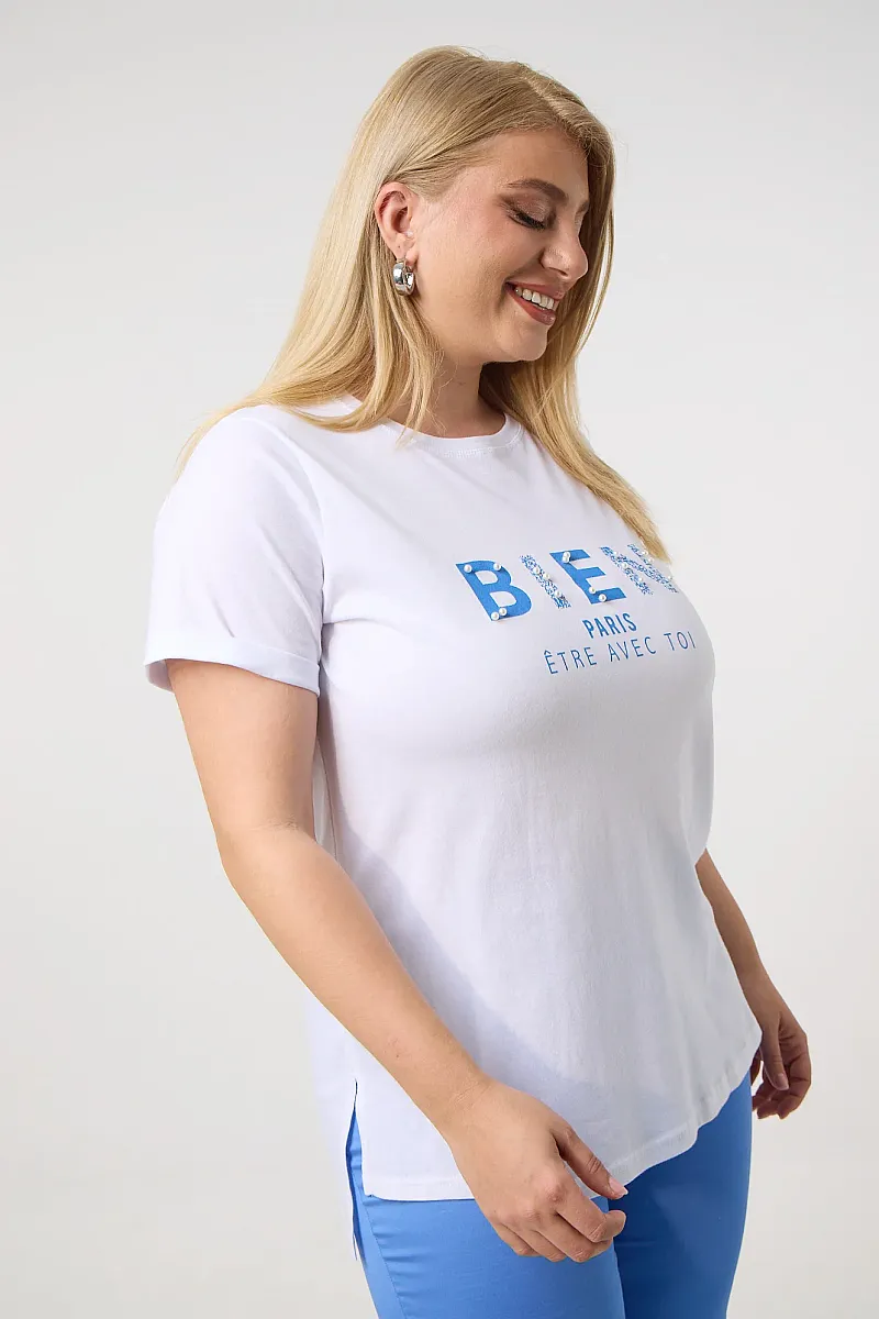 Λευκό T-Shirt Με Στάμπα Και Πέρλες 