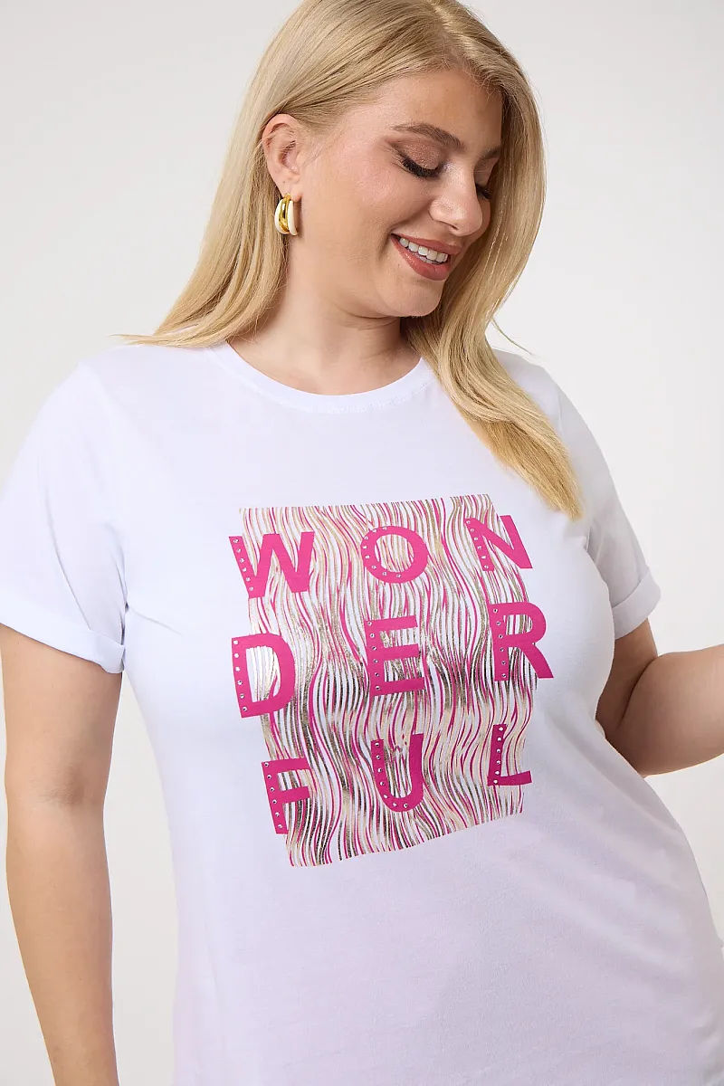 Λευκό T-Shirt Με Ροζ Στάμπα Και Στράς