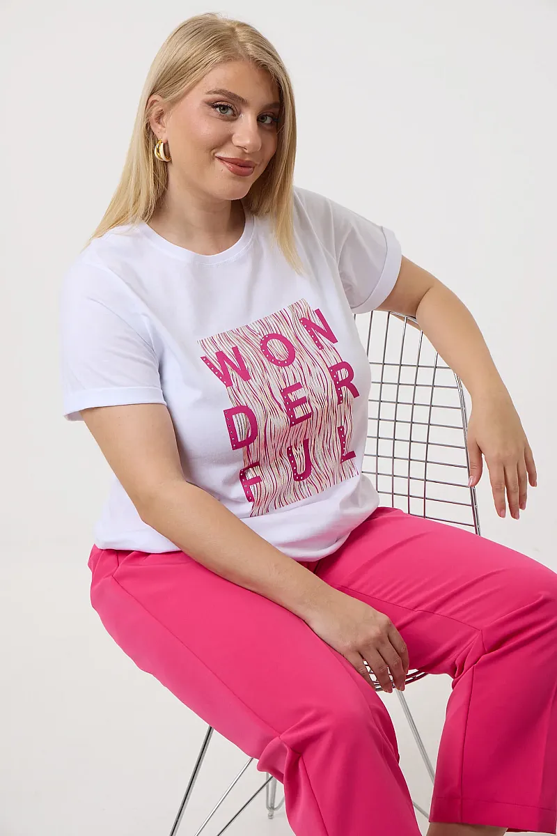 Λευκό T-Shirt Με Ροζ Στάμπα Και Στράς