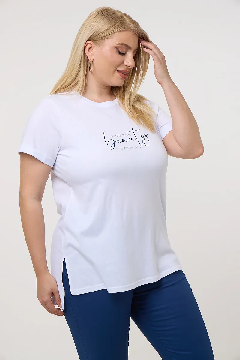 Λευκό T-Shirt Με Μπλε Στάμπα Και Στράς