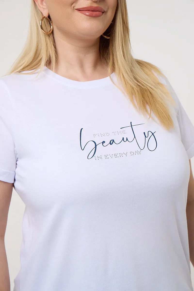 Λευκό T-Shirt Με Μπλε Στάμπα Και Στράς