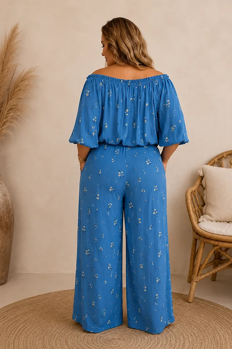 Plus Size Γαλάζιο Σετ Με Crop Top & Παντελόνα