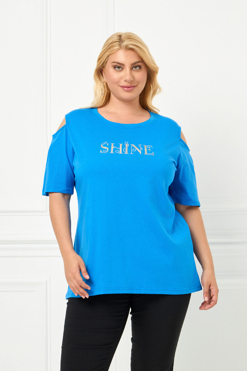 Μπλε T-Shirt “Shine” με Ανοιχτούς Ώμους
