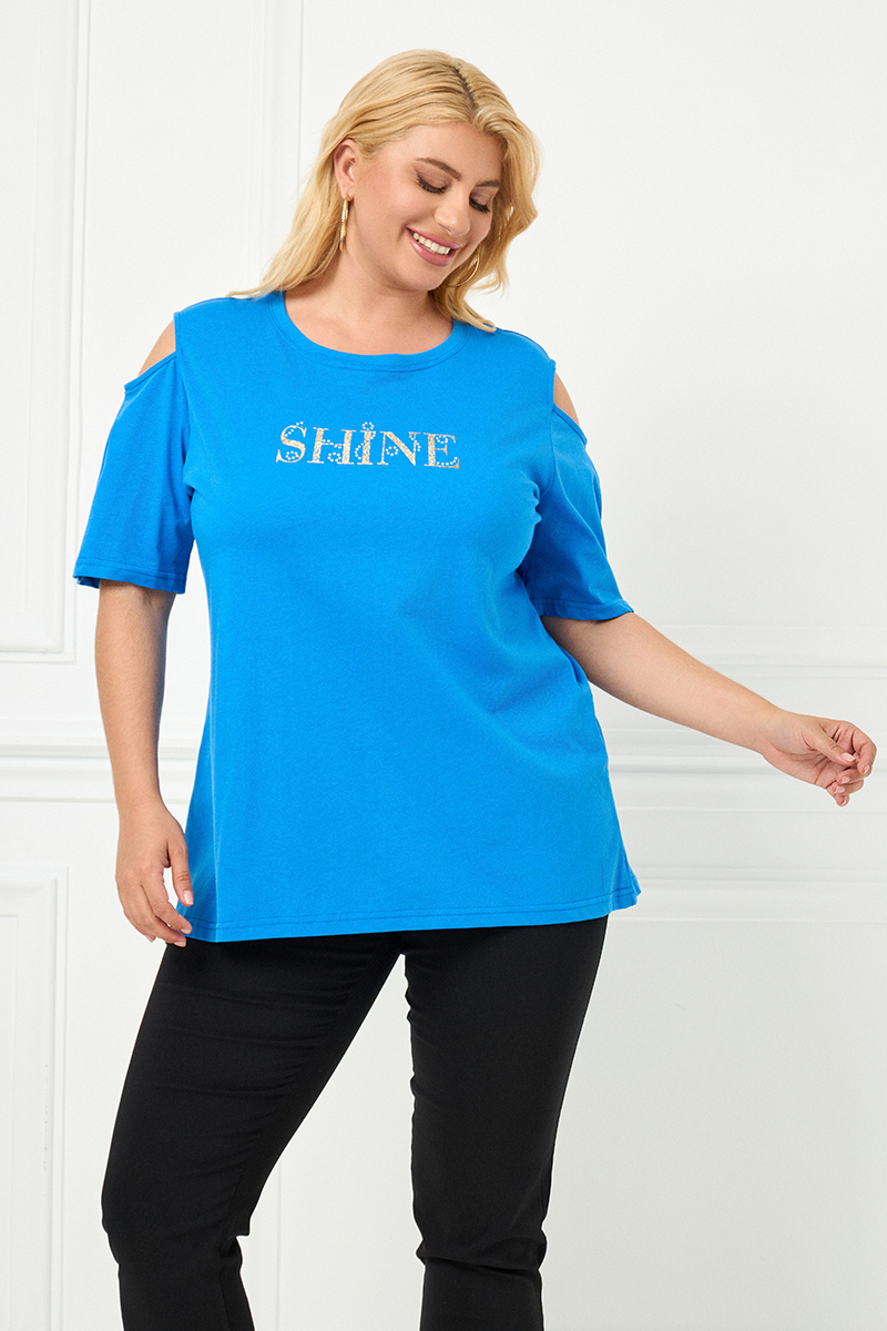 Μπλε T-Shirt “Shine” με Ανοιχτούς Ώμους