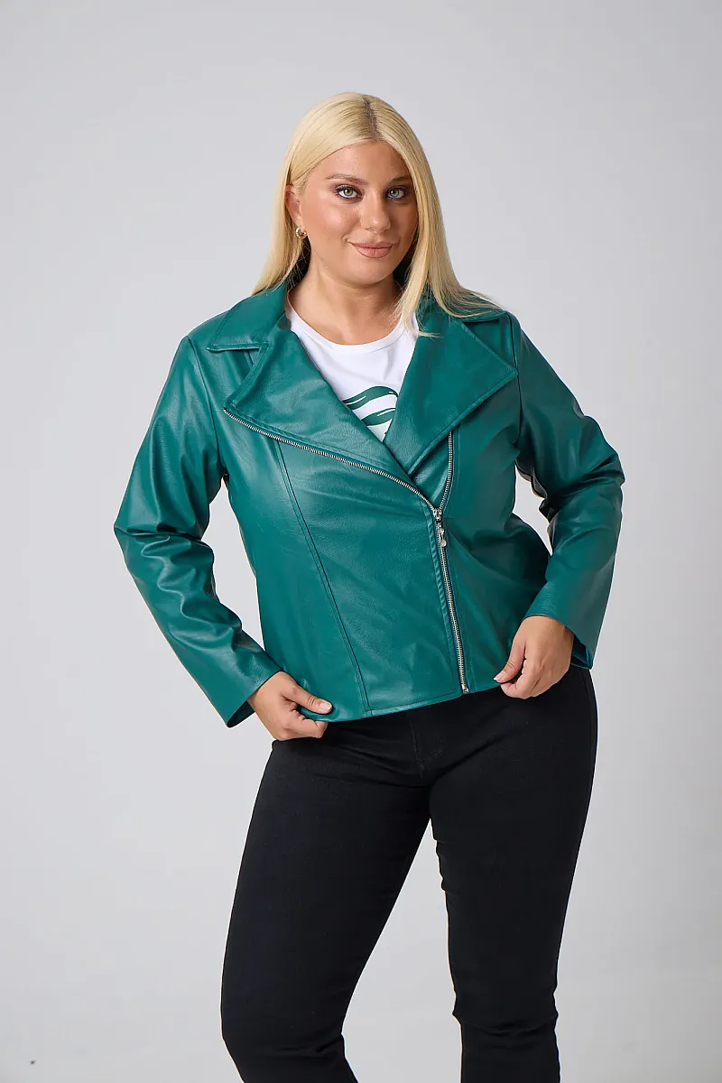 Plus Size Τζάκετ Δερματίνη Με Φόδρα Πράσινο 