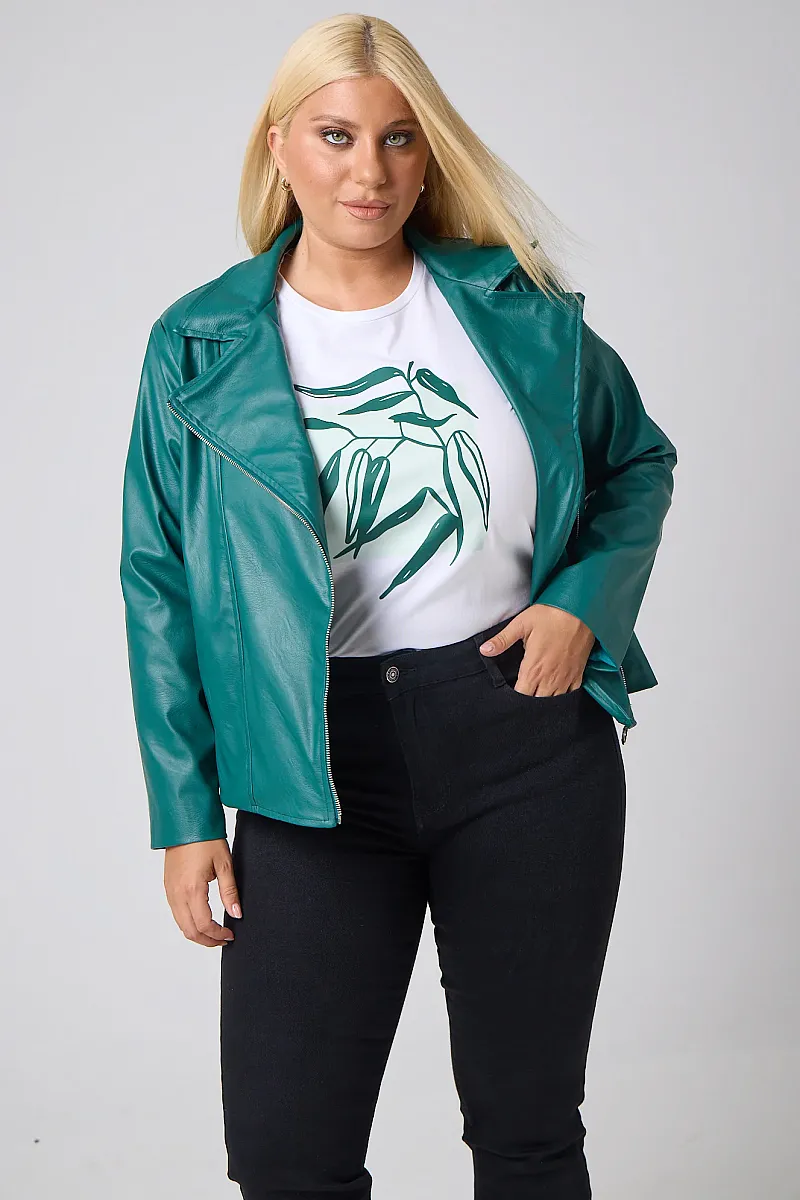 Plus Size Τζάκετ Δερματίνη Με Φόδρα Πράσινο 