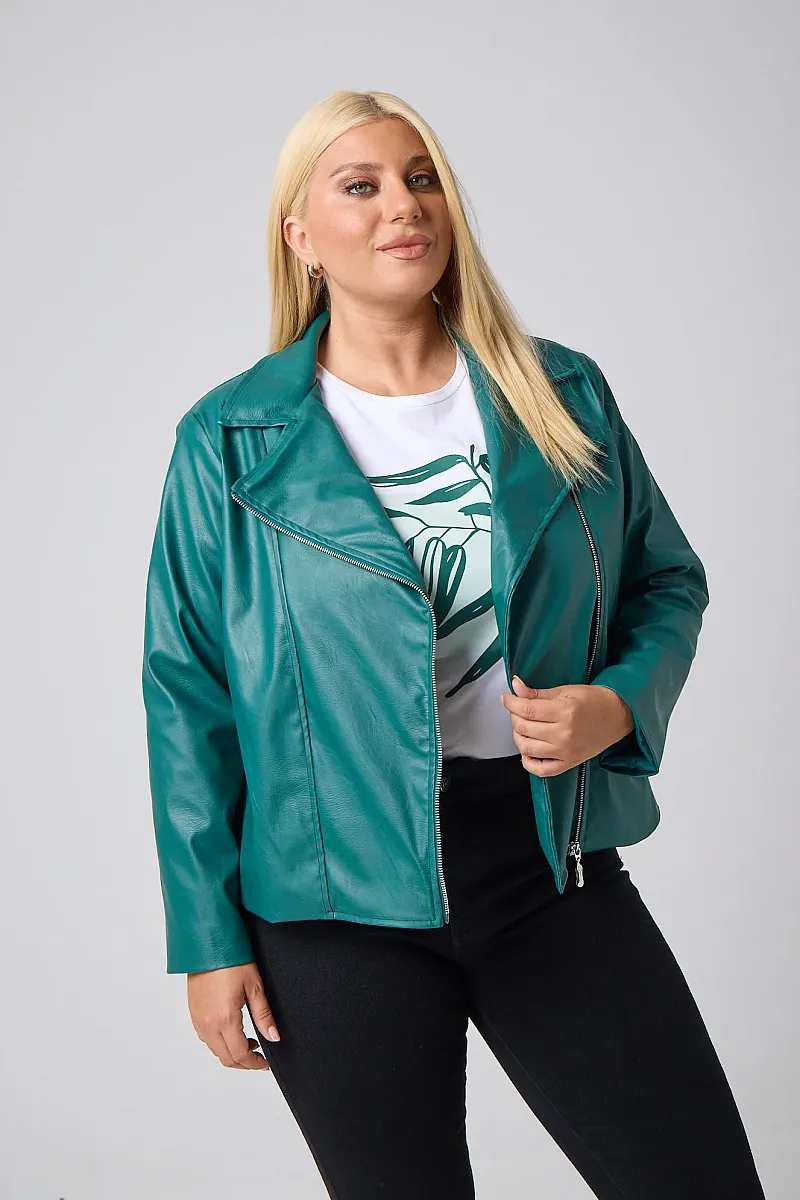 Plus Size Τζάκετ Δερματίνη Με Φόδρα Πράσινο 