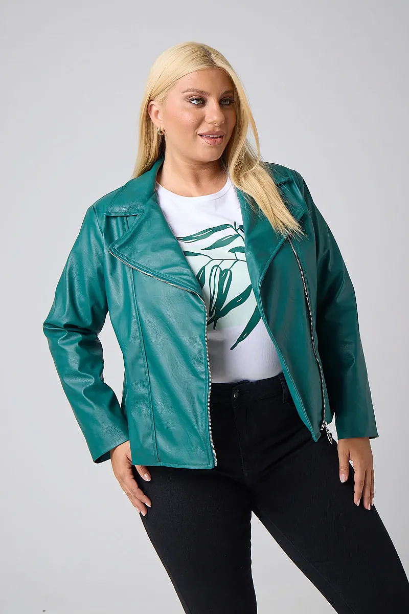 Plus Size Τζάκετ Δερματίνη Με Φόδρα Πράσινο 
