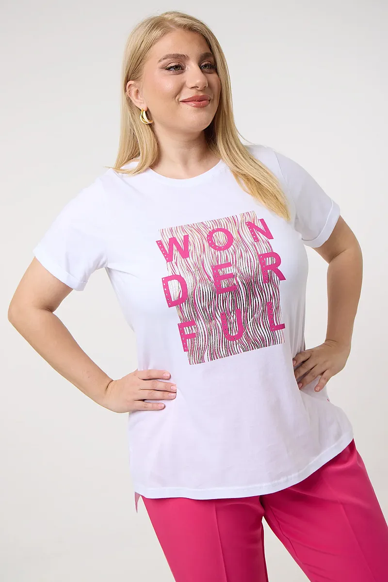 Λευκό T-Shirt Με Ροζ Στάμπα Και Στράς