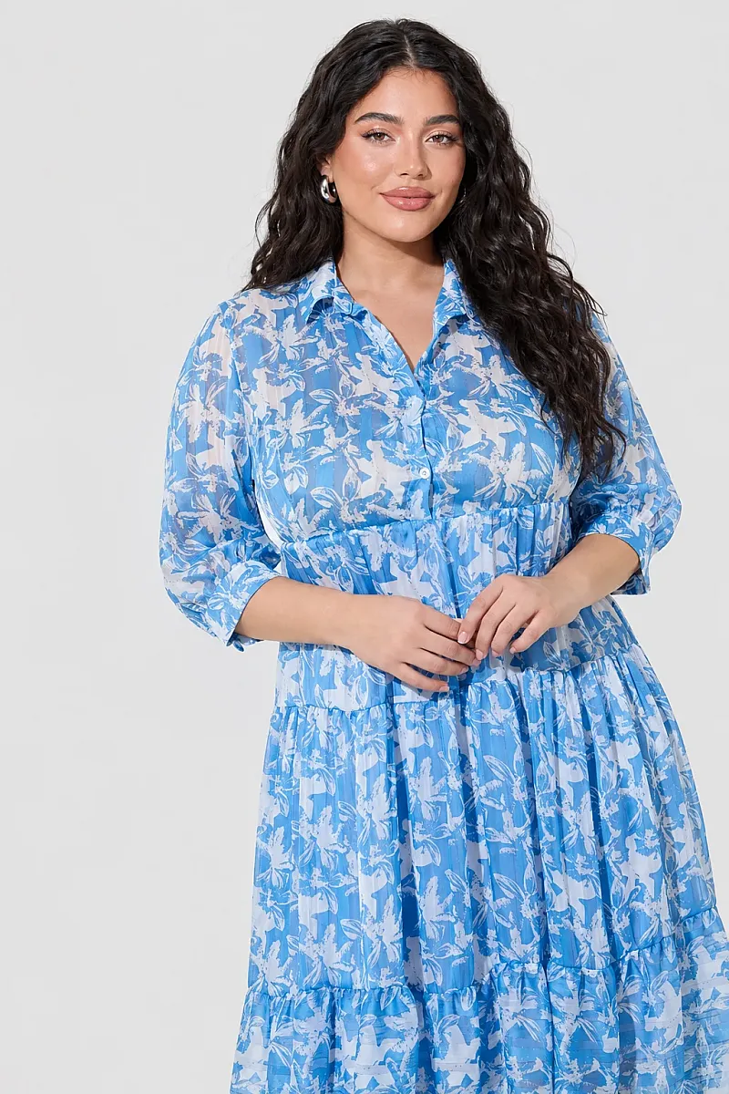 Φόρεμα Floral Σιέλ με Βολάν