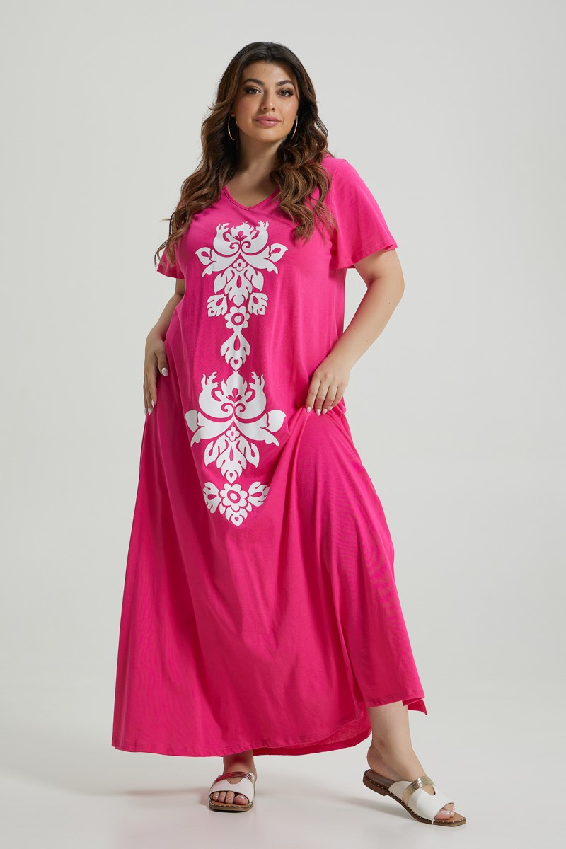 Ethnic Cotton Dress Φούξια 