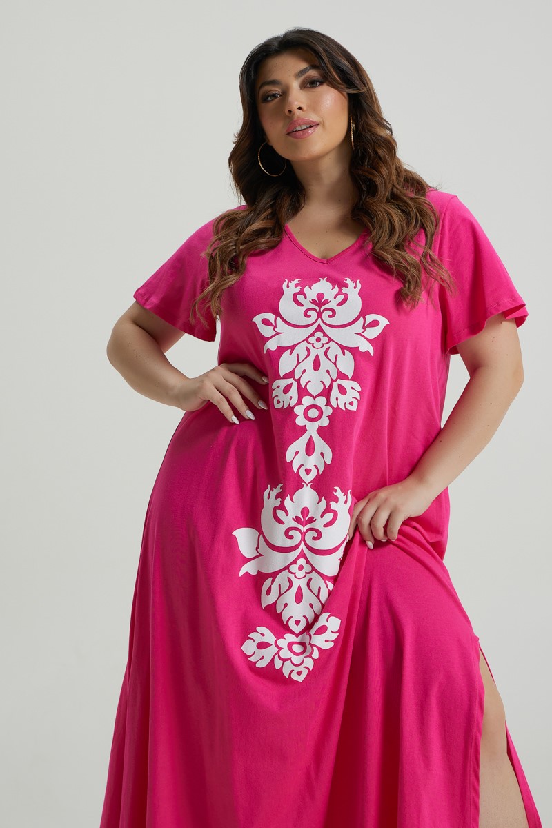 Ethnic Cotton Dress Φούξια 