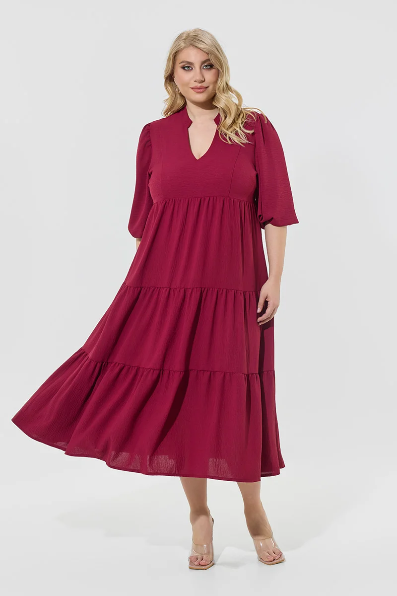 Midi Φόρεμα Αέρινο με Βολάν-Μπορντό