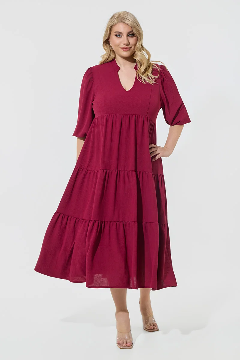 Midi Φόρεμα Αέρινο με Βολάν-Μπορντό