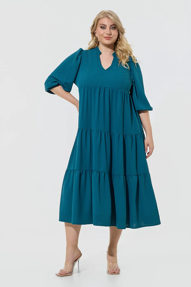 Midi Φόρεμα Αέρινο με Βολάν – Πετρόλ