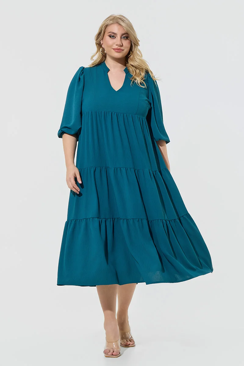 Midi Φόρεμα Αέρινο με Βολάν – Πετρόλ