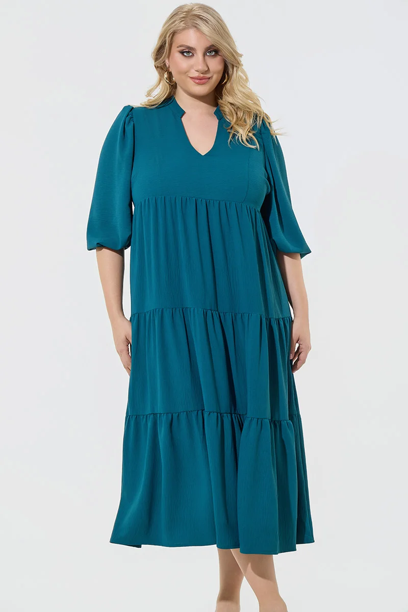 Midi Φόρεμα Αέρινο με Βολάν – Πετρόλ