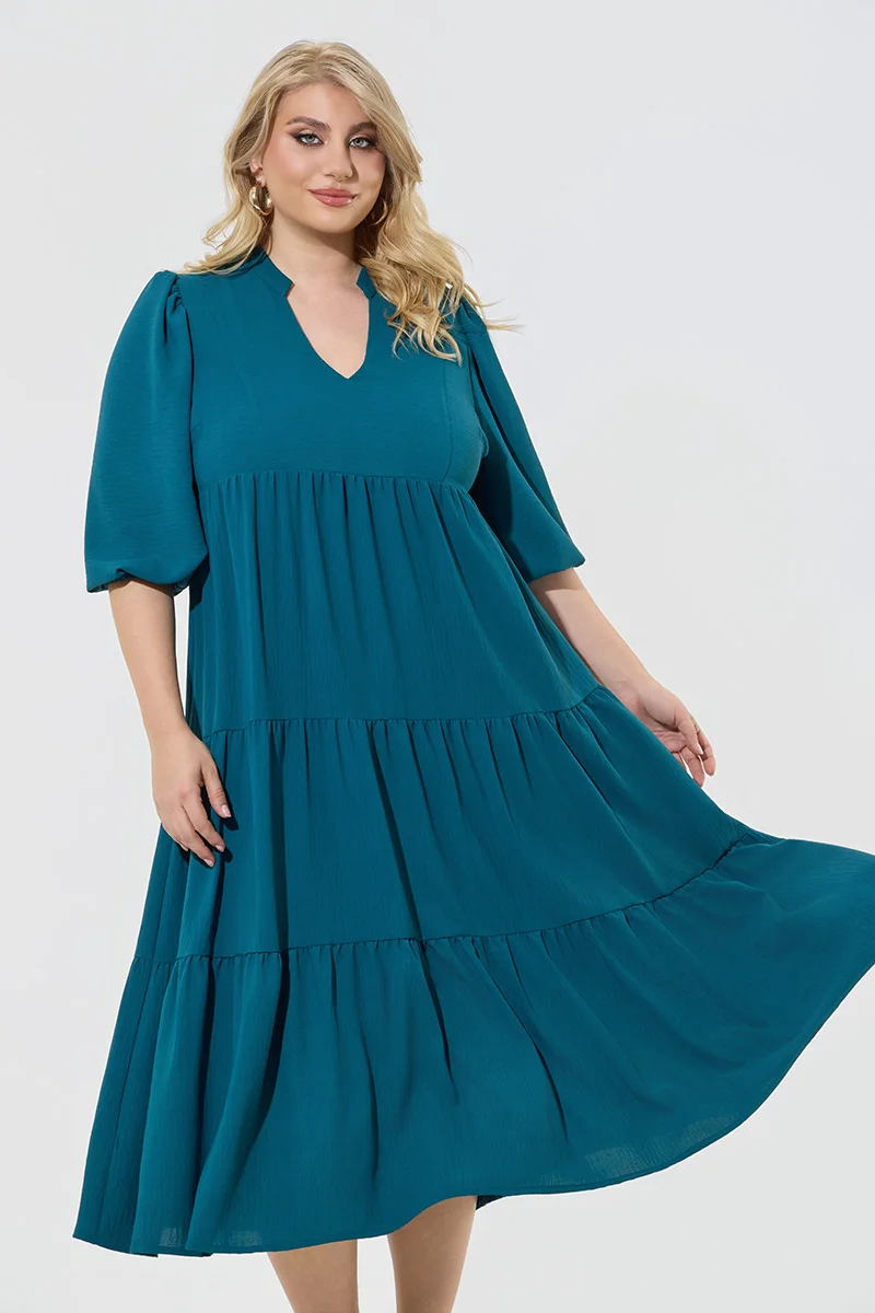 Midi Φόρεμα Αέρινο με Βολάν – Πετρόλ